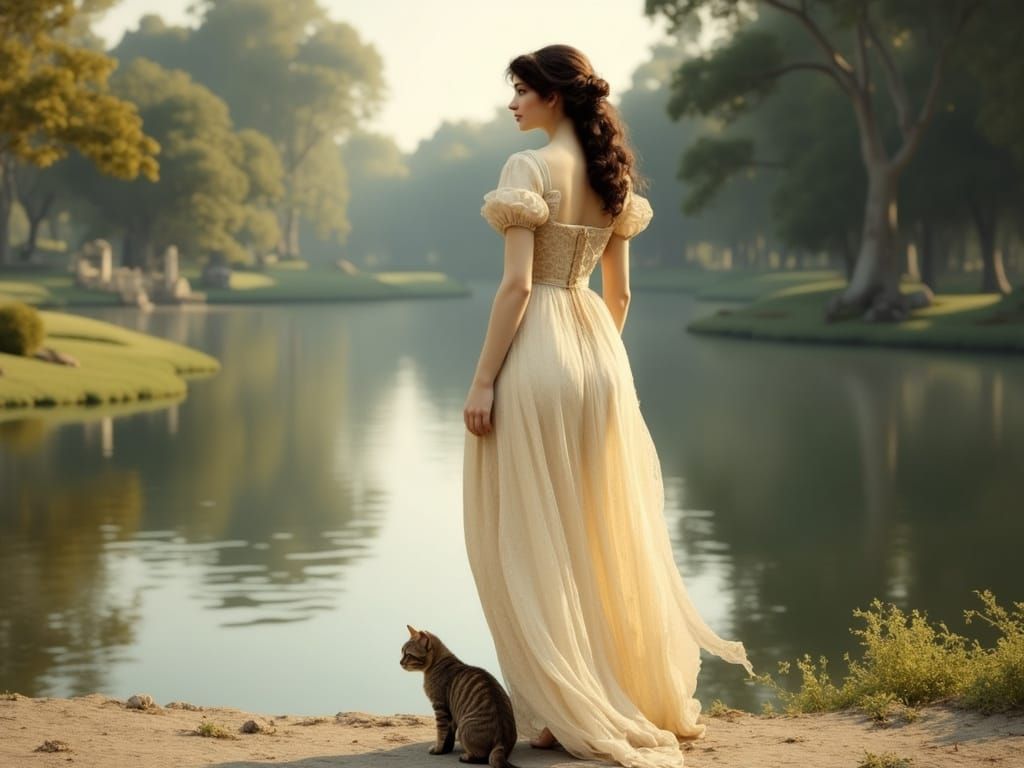 Regency Lady Strolls by Ornamental Pond with Tabby Cat