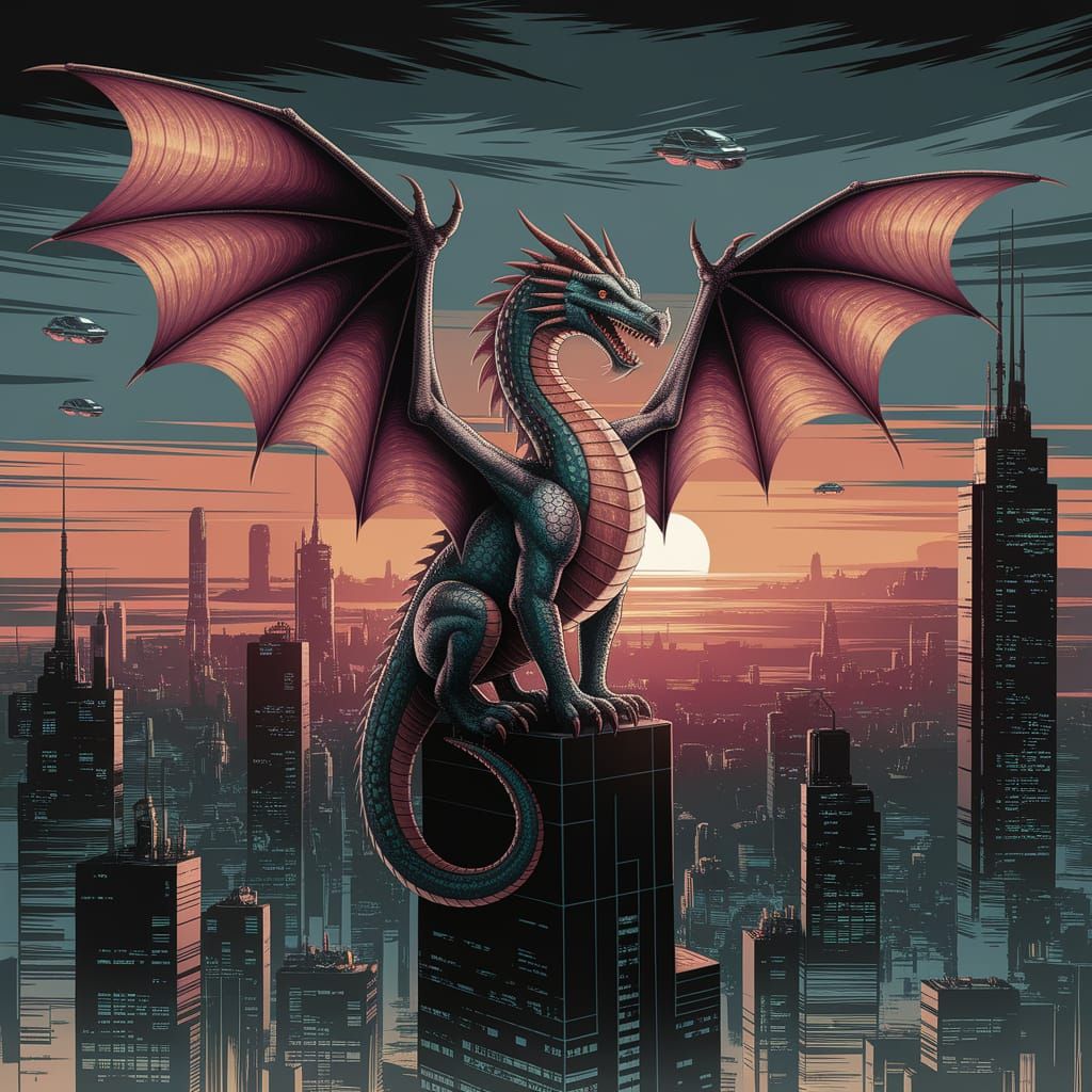 Cyberpunk Dragon Perched on Skyscraper at Sunset