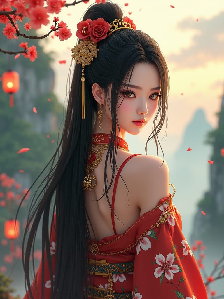 Elegant Samurai Girl in Traditional Asian Landscape