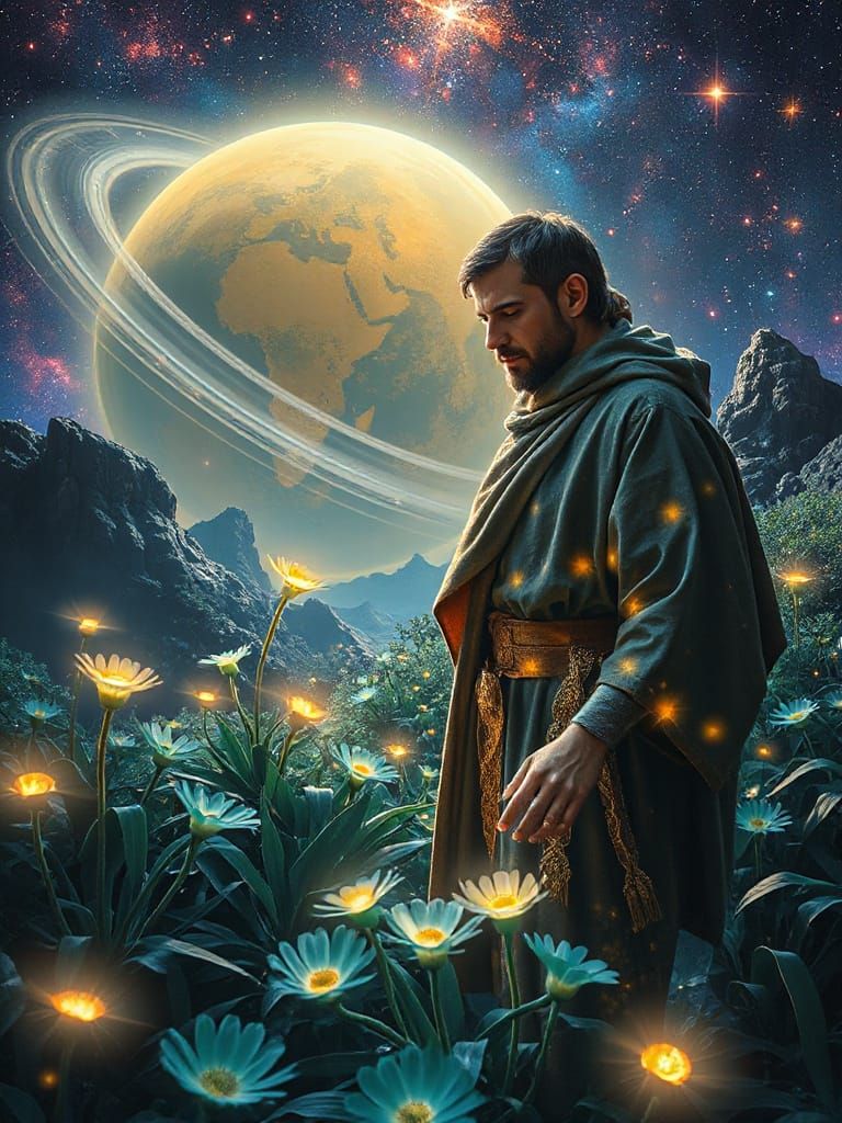 Celestial Botanist Tending Bioluminescent Flora