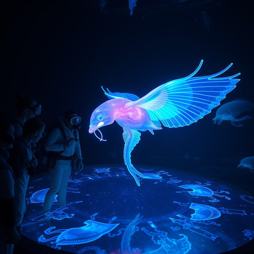 Futuristic Oceanographers Gather Around Glowing Sea-Angel in...