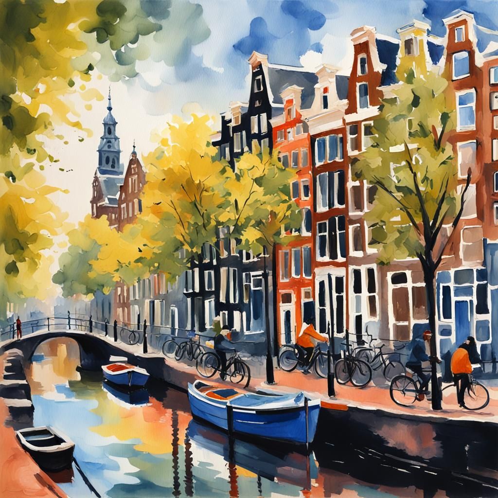 Amsterdam in Gouache Style: Impressionist Masterpiece