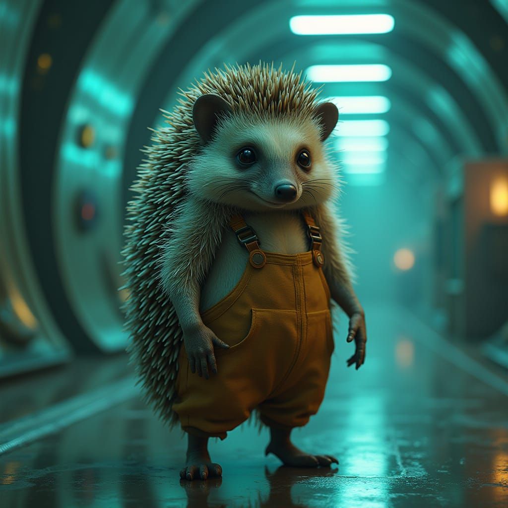 Futuristic Hedgehog in Industrial Alien Spacecraft