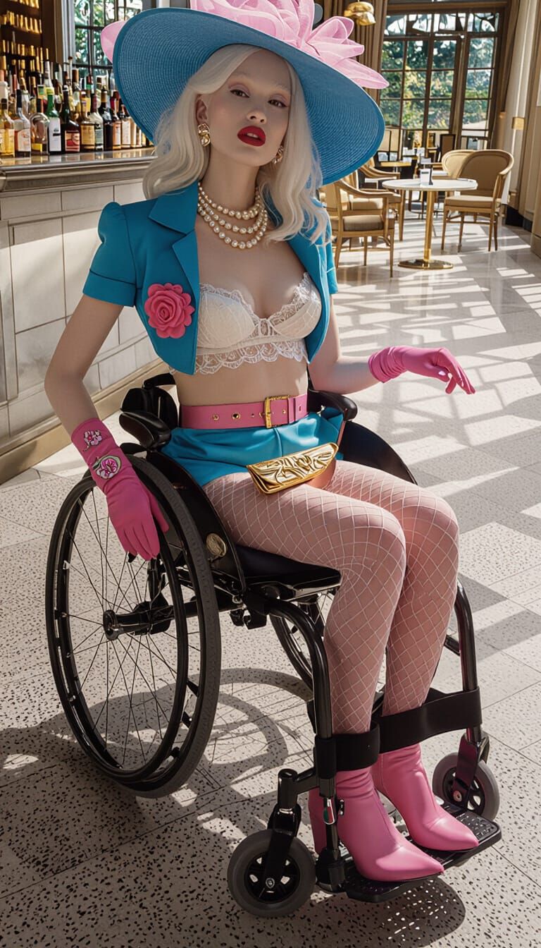 Albino Woman Posing in Italian Palace Hotel Bar