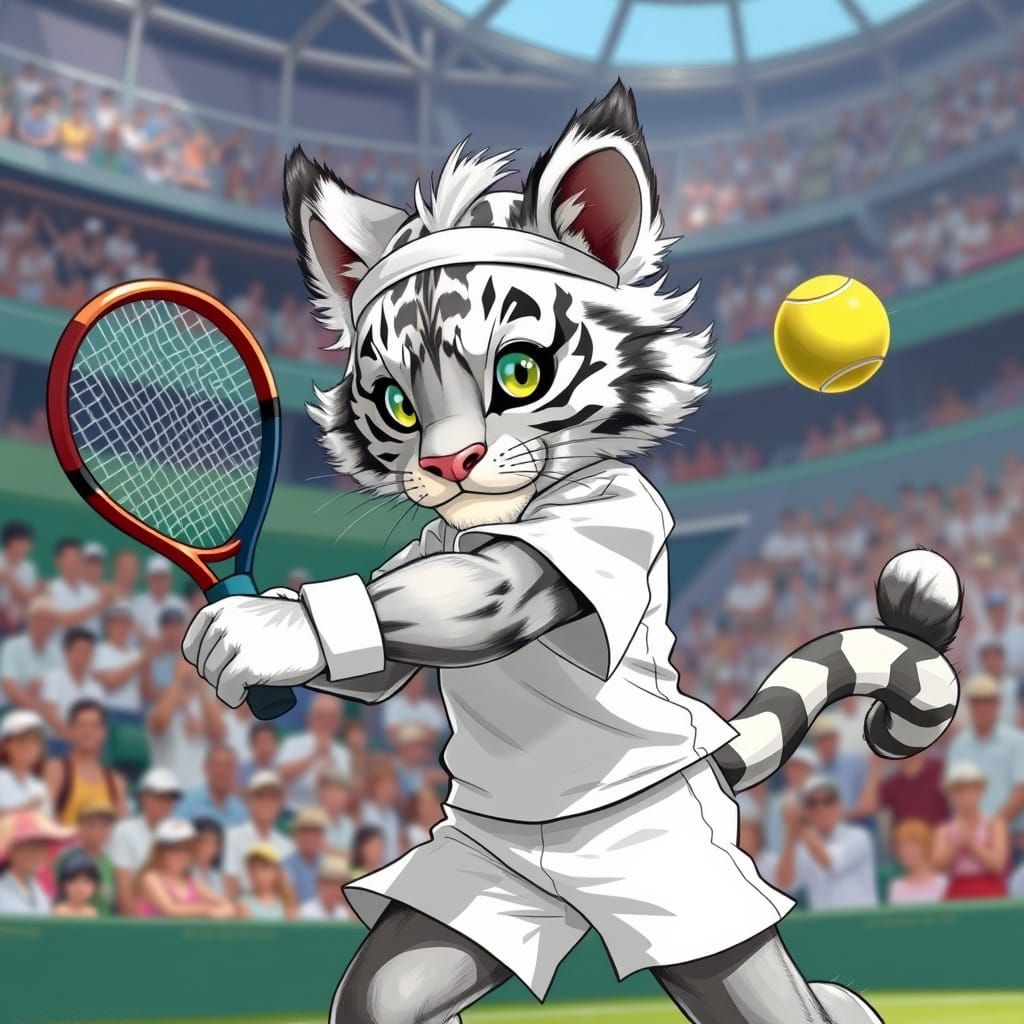 Fluffy Silver Tiger Cub Plays Tennis: Sports Illustration