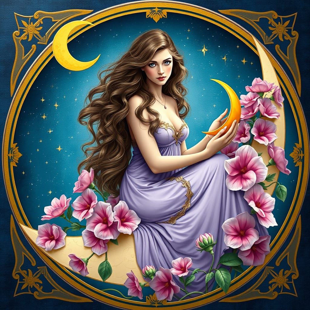 A beautiful woman sitting on the moon surrounded by pink and purple flowers,