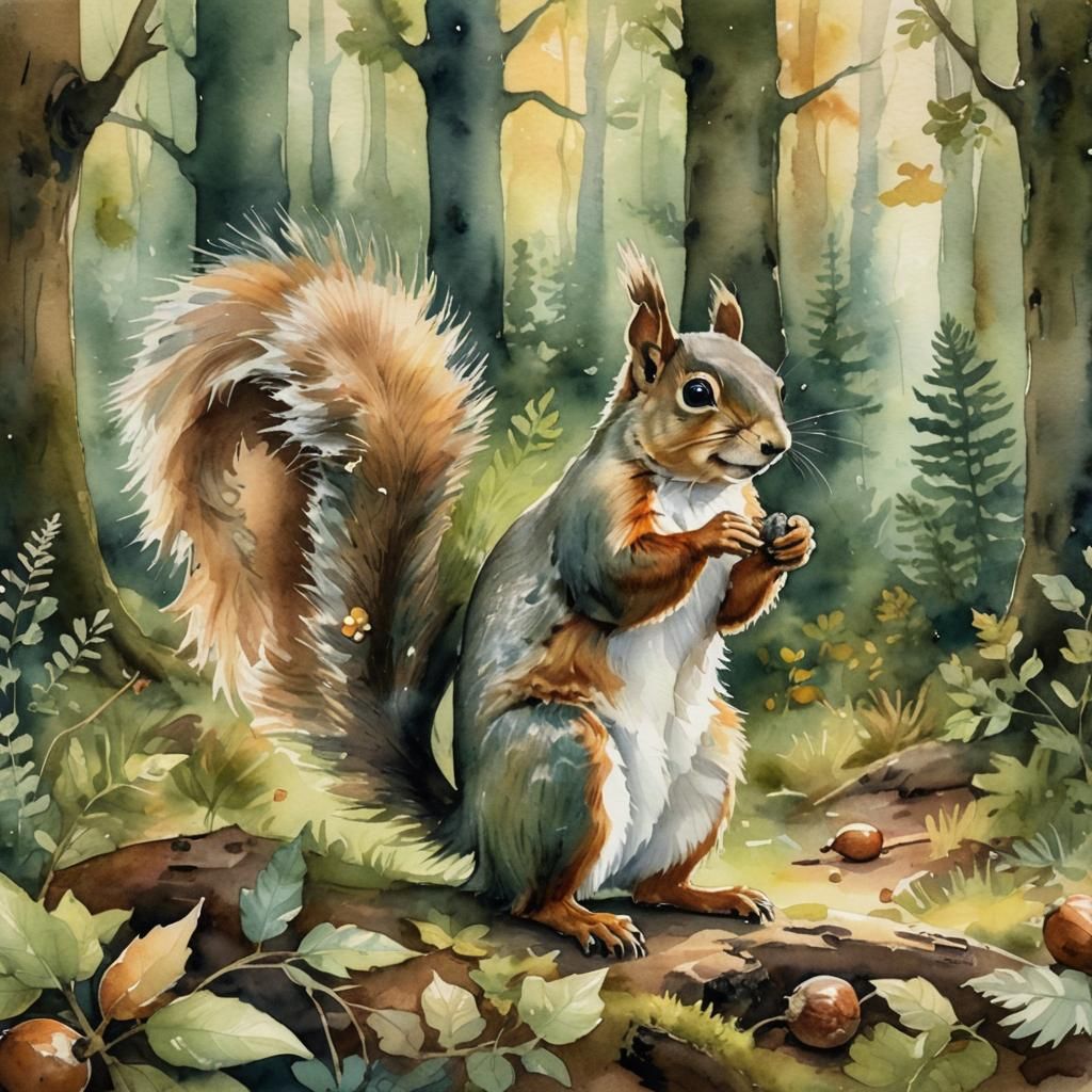 Squirrel with Acorn in Whimsical Watercolor Style