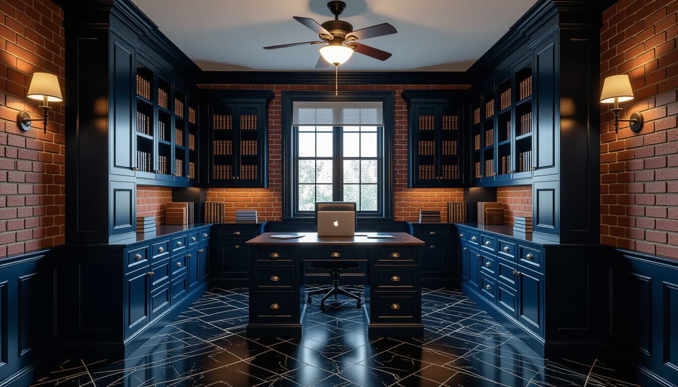 Vibrant Victorian Working Room with Dark Blue Cabinets