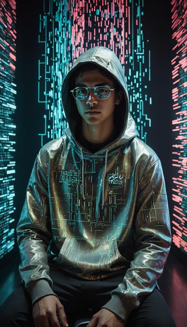 Young Coder Immersed in Holographic Cyberpunk Reality