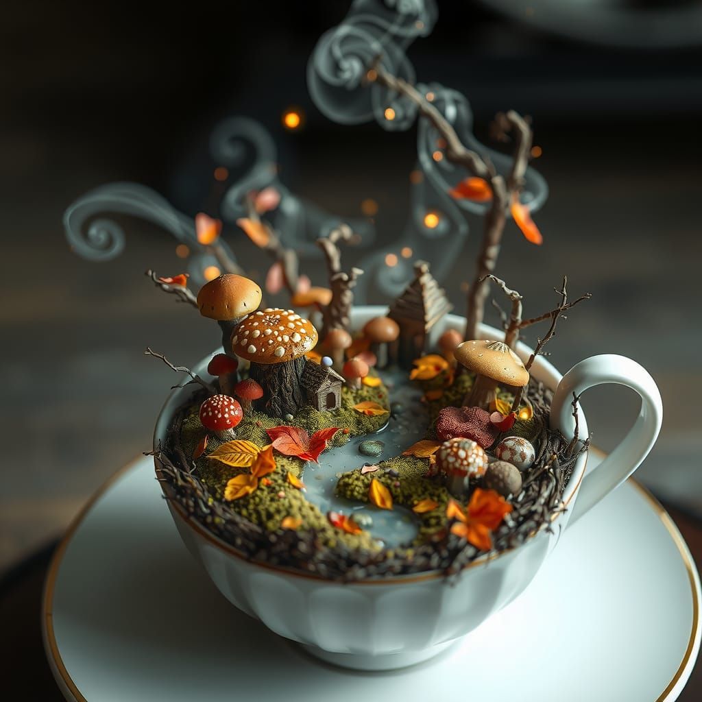 Miniature Autumn World in Teacup: Dreamlike Realm