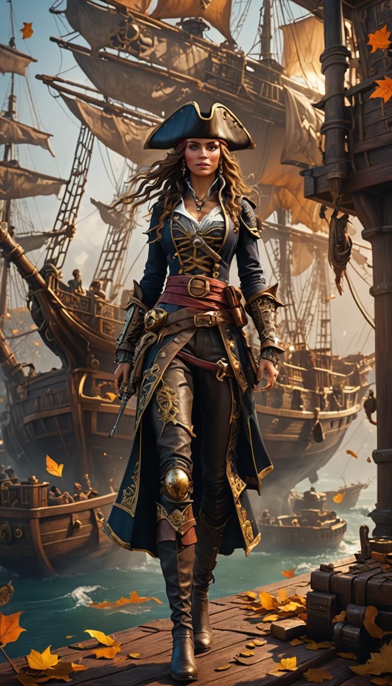 Autumn Pirate Queen on Ship: Detailed Matte Painting