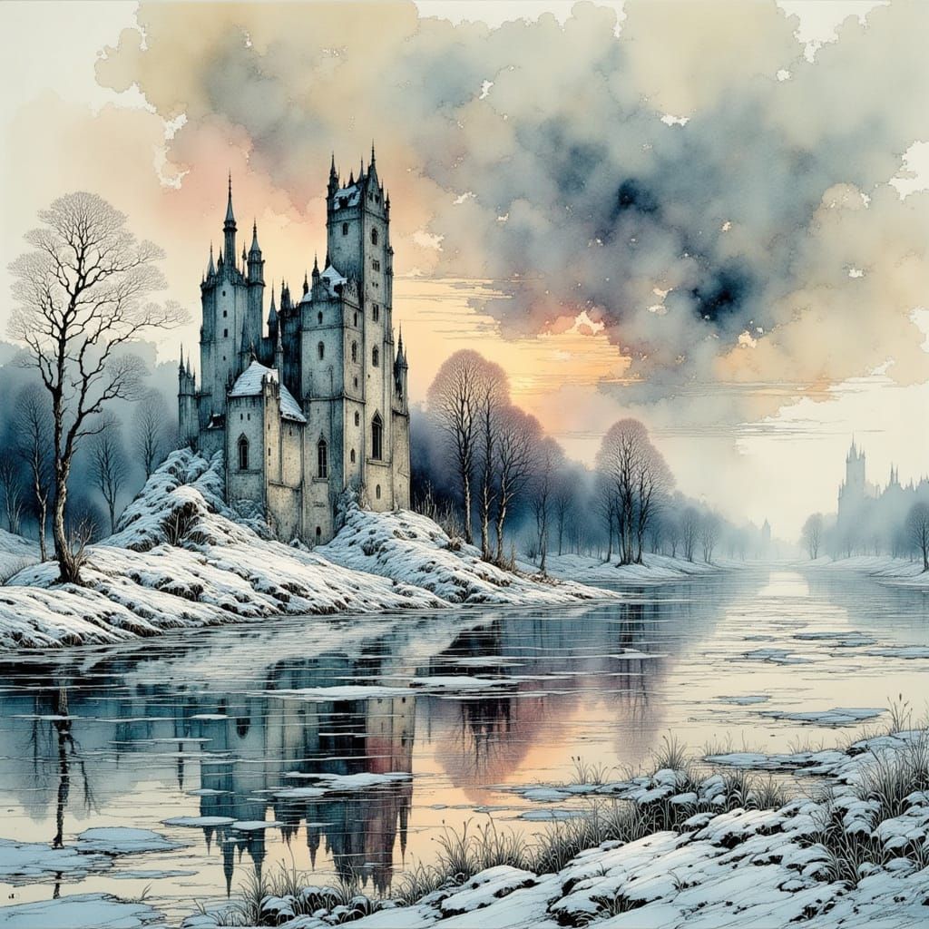 Castle Ruin Emerges from Morning Mist in Dreamlike Landscape