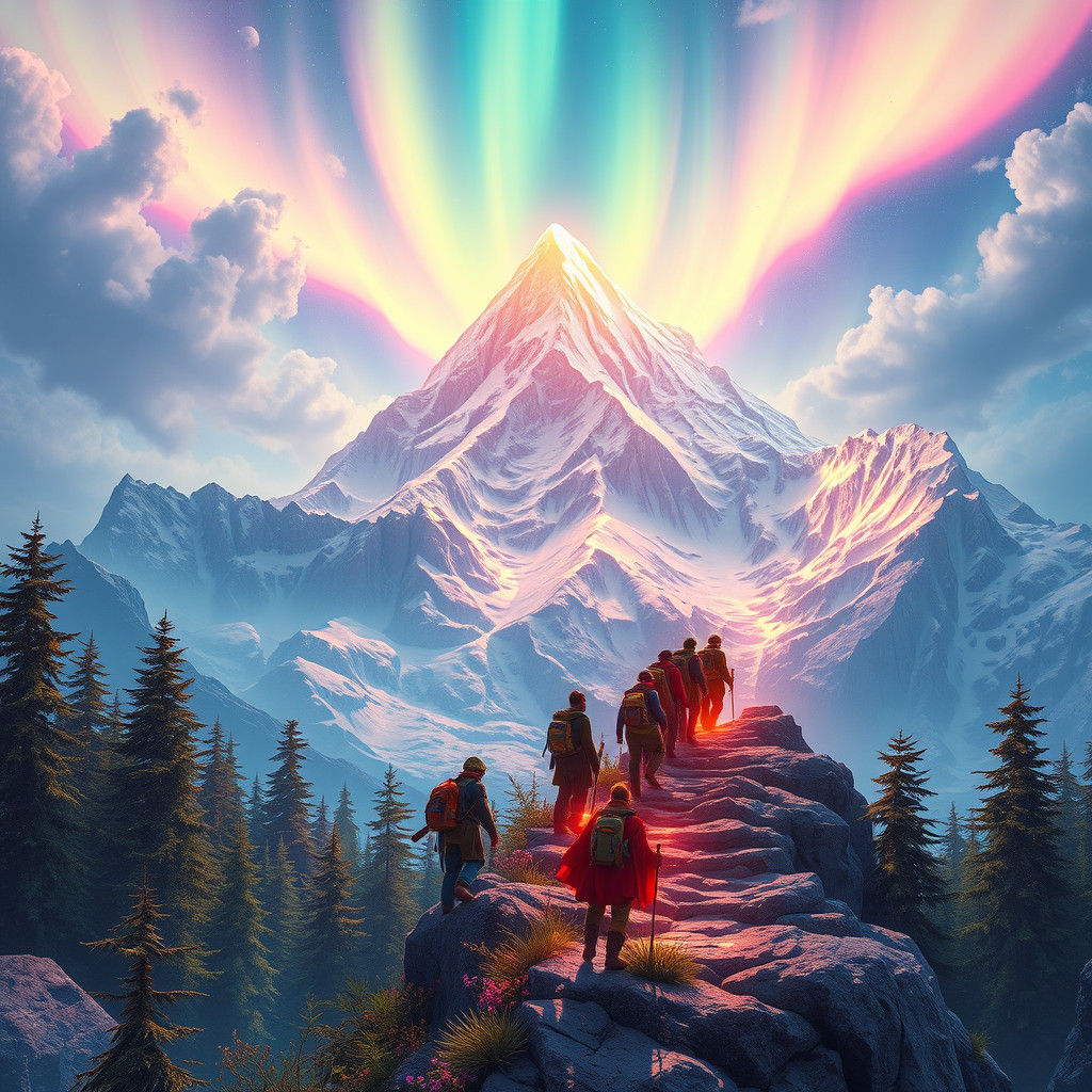 Adventurers Ascend Iridescent Mountain in Surreal Landscape