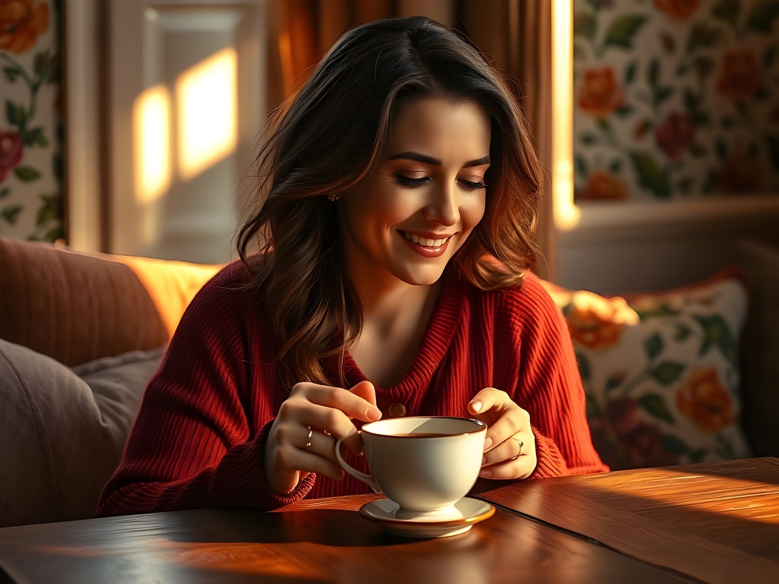 Woman Savoring Coffee in Cozy Morning Scene, Hyperrealistic ...