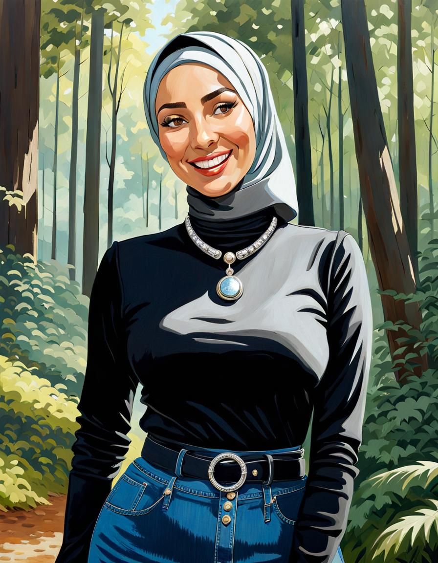 Elegant Woman in Hijab in Lush Forest, Oil Painting