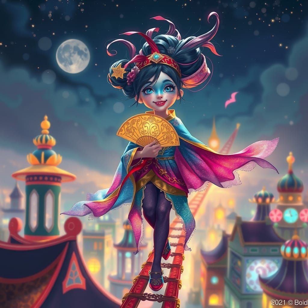 Iridescent Girl Walks Tightrope Over Magical City