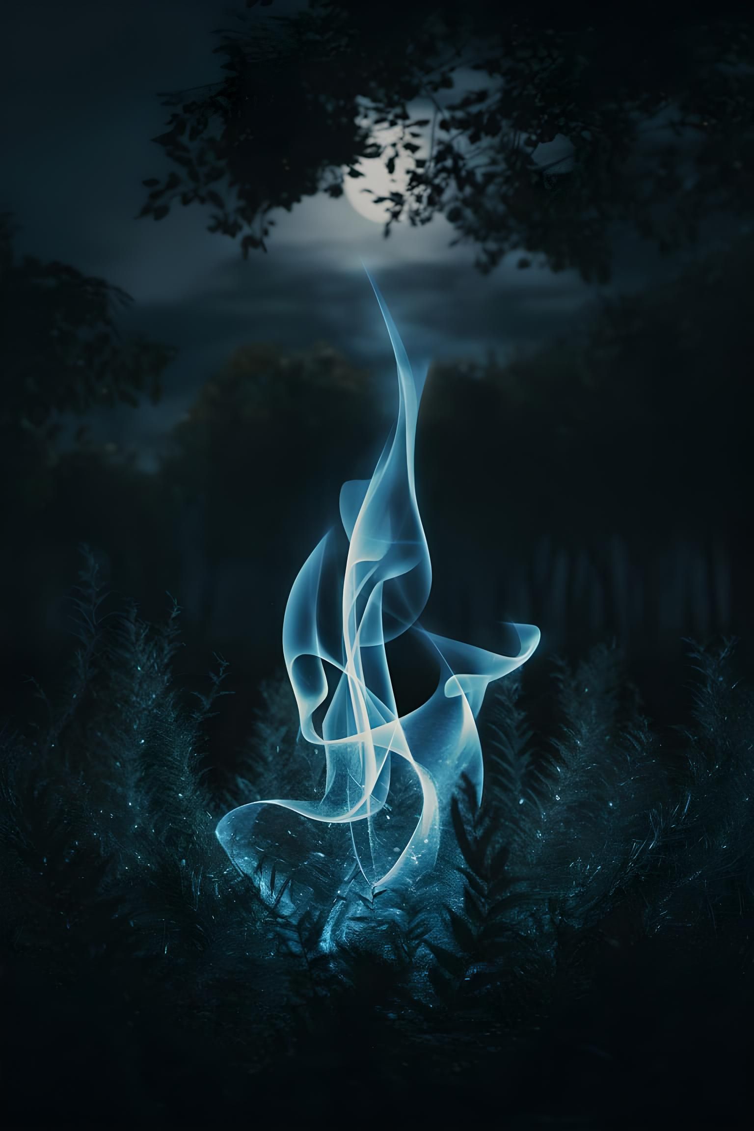 Enchanting Blue Flame in Moonlit Forest