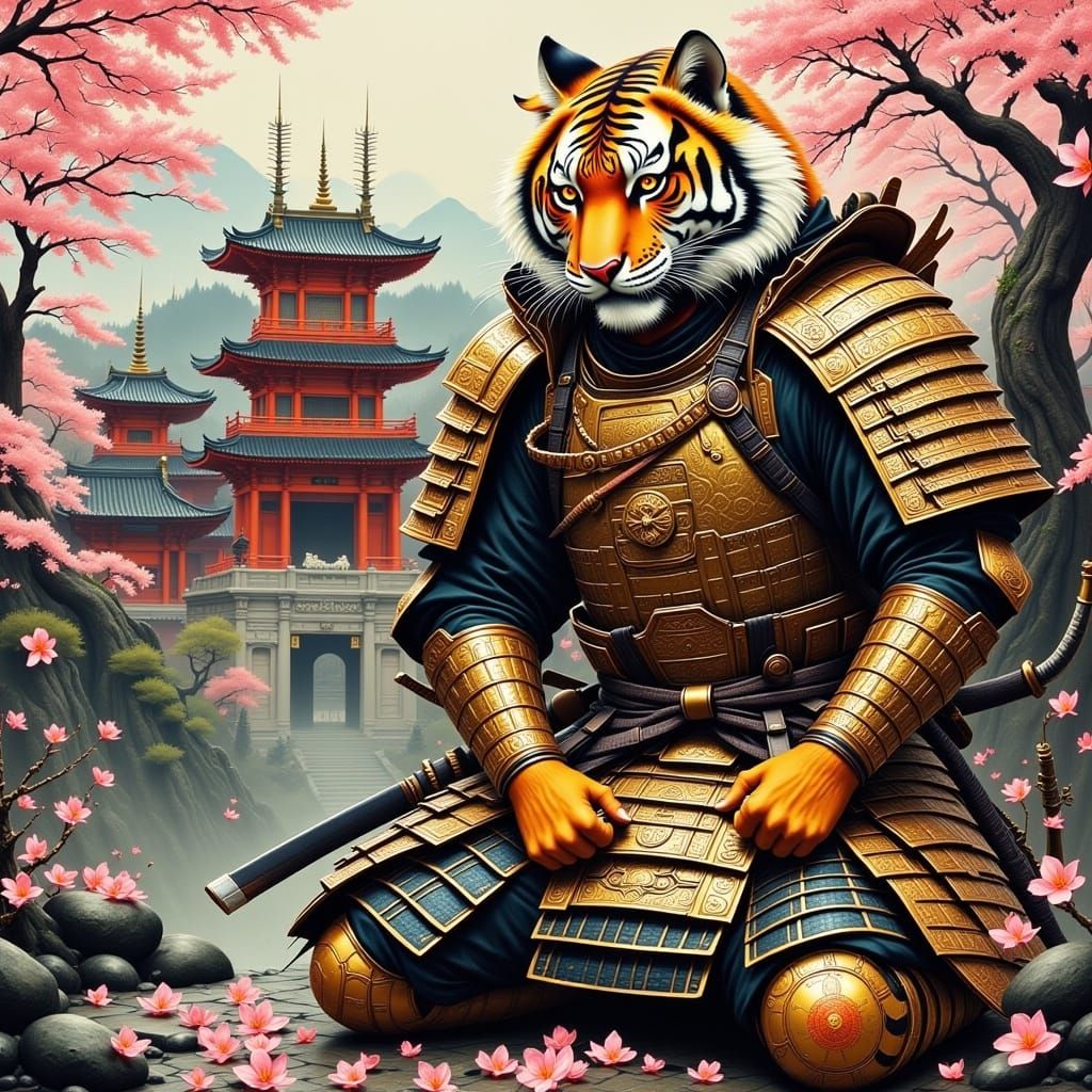 Tiger Samurai at Japanese Temple in Ukiyo-e Style