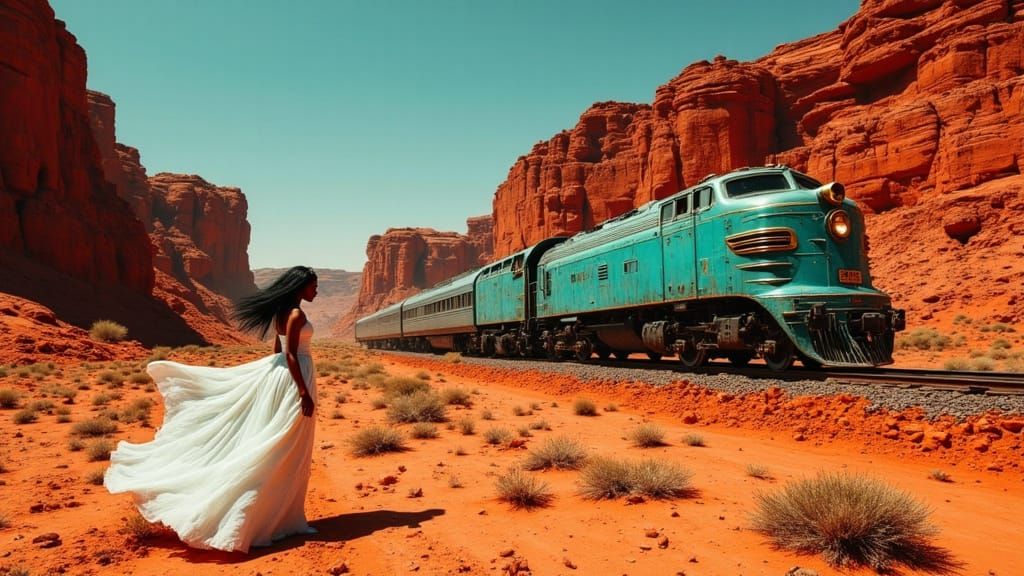 Red Desert Scene with Art Deco Train