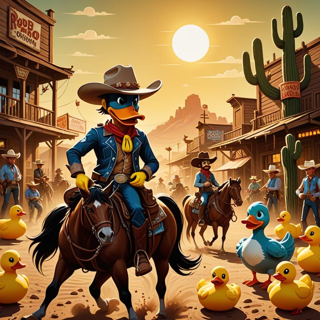 Vibrant Western Rodeo Featuring Quacking Rubber Duck Cowboys