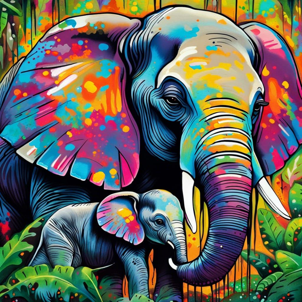 Elephant and Calf Snuggling in Jungle Graffiti Art