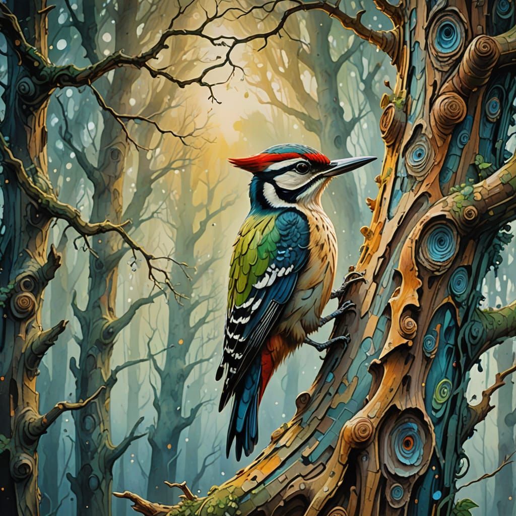 Ethereal Woodpecker in Gnarled Tree, Watercolor Fusion