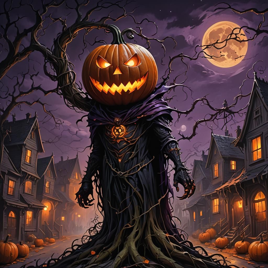 Evil Pumpkin Terrorizes Town in Gothic Oil Painting