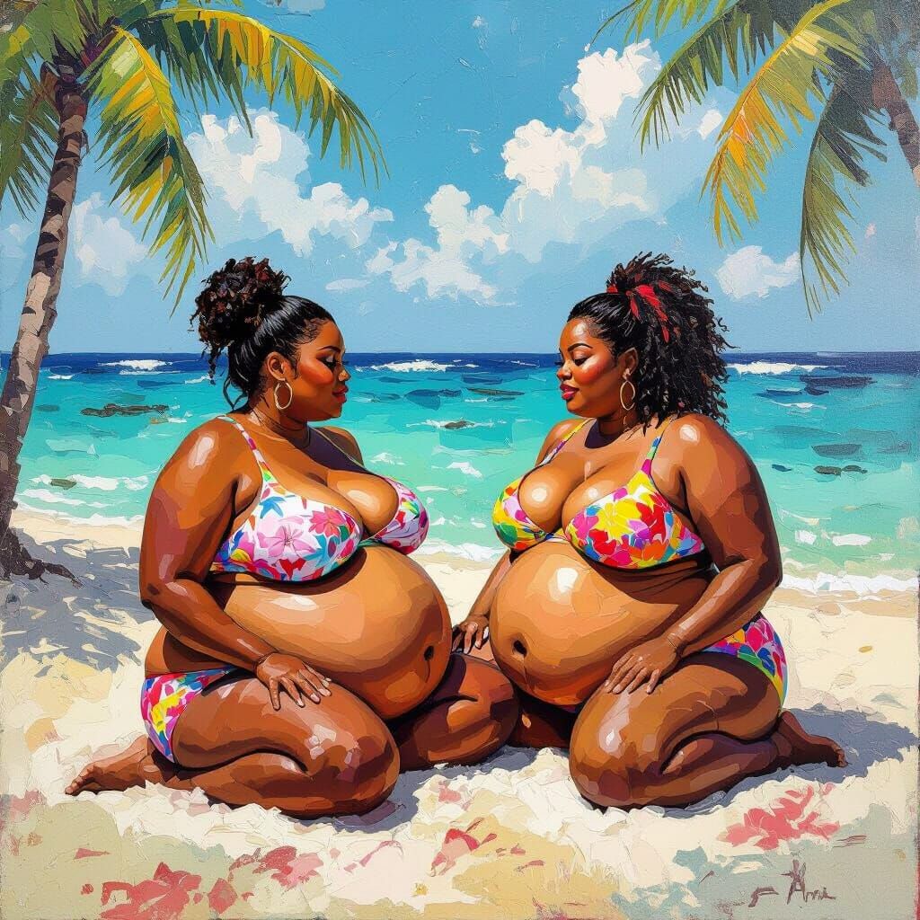Fat Black Women on Tropical Island: Neo-Impressionist Painti...