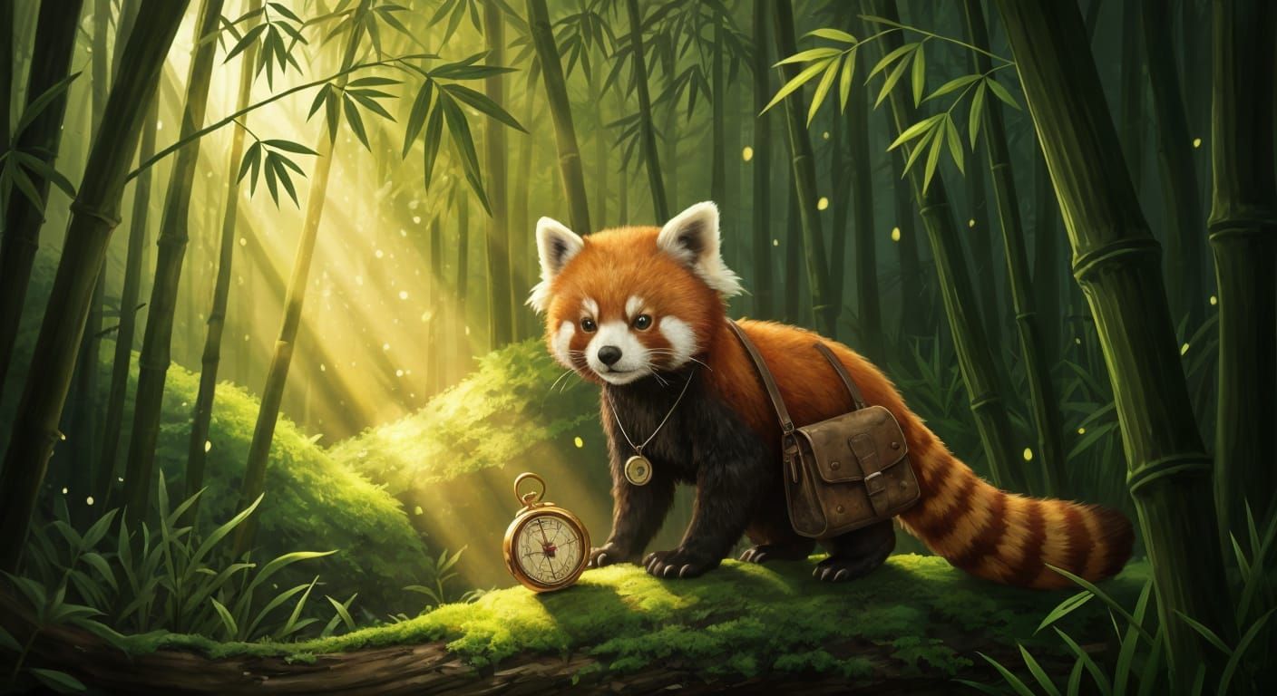 Whimsical Red Panda Explorer in Bamboo Forest
