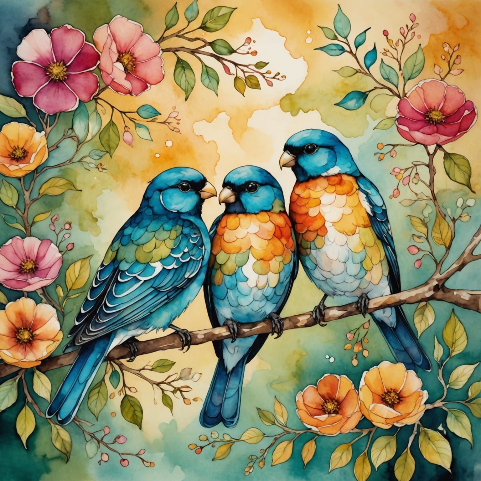 Birds in Sunny Garden: Alcohol Ink Illustration