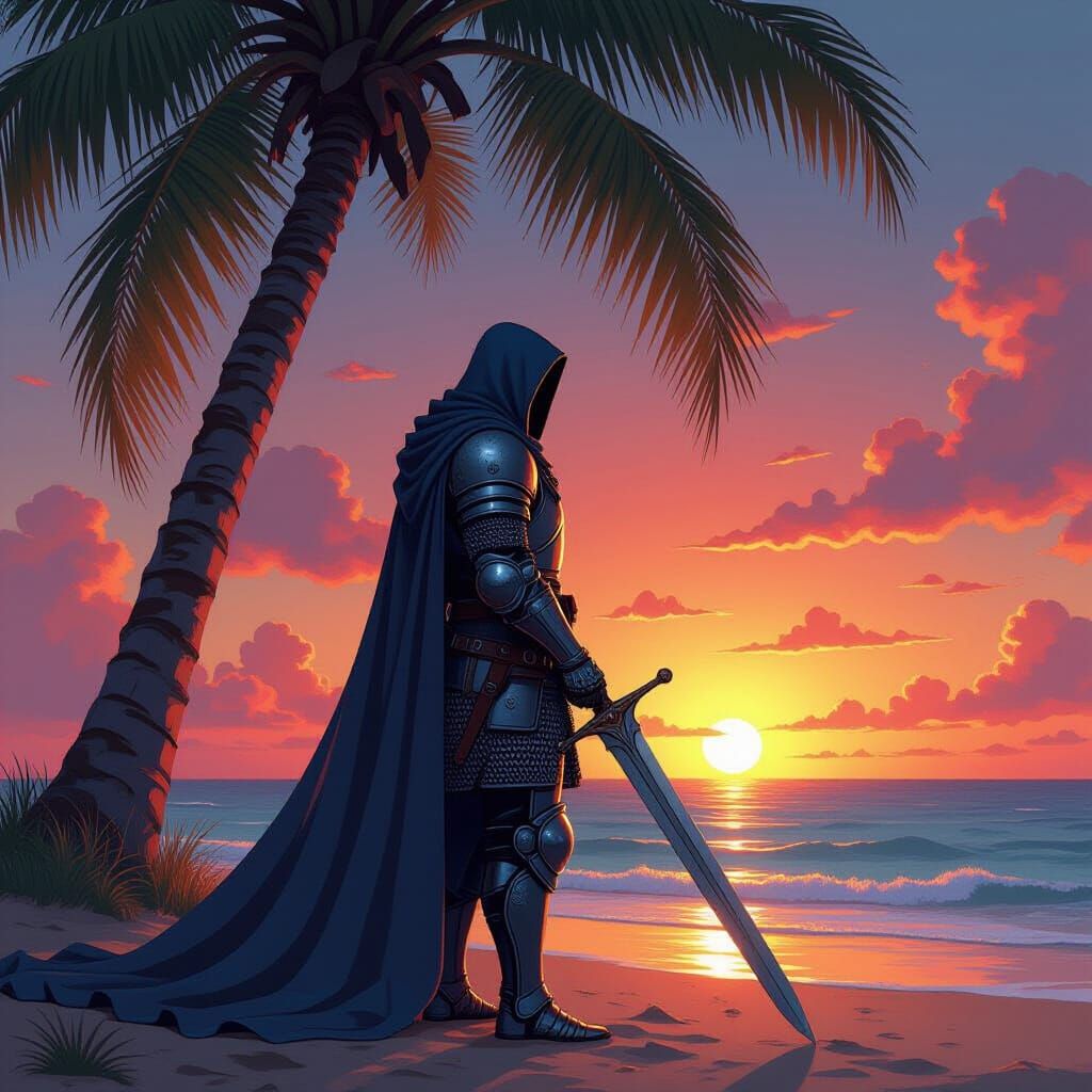 Anime Knight Under Palm Tree at Sunset
