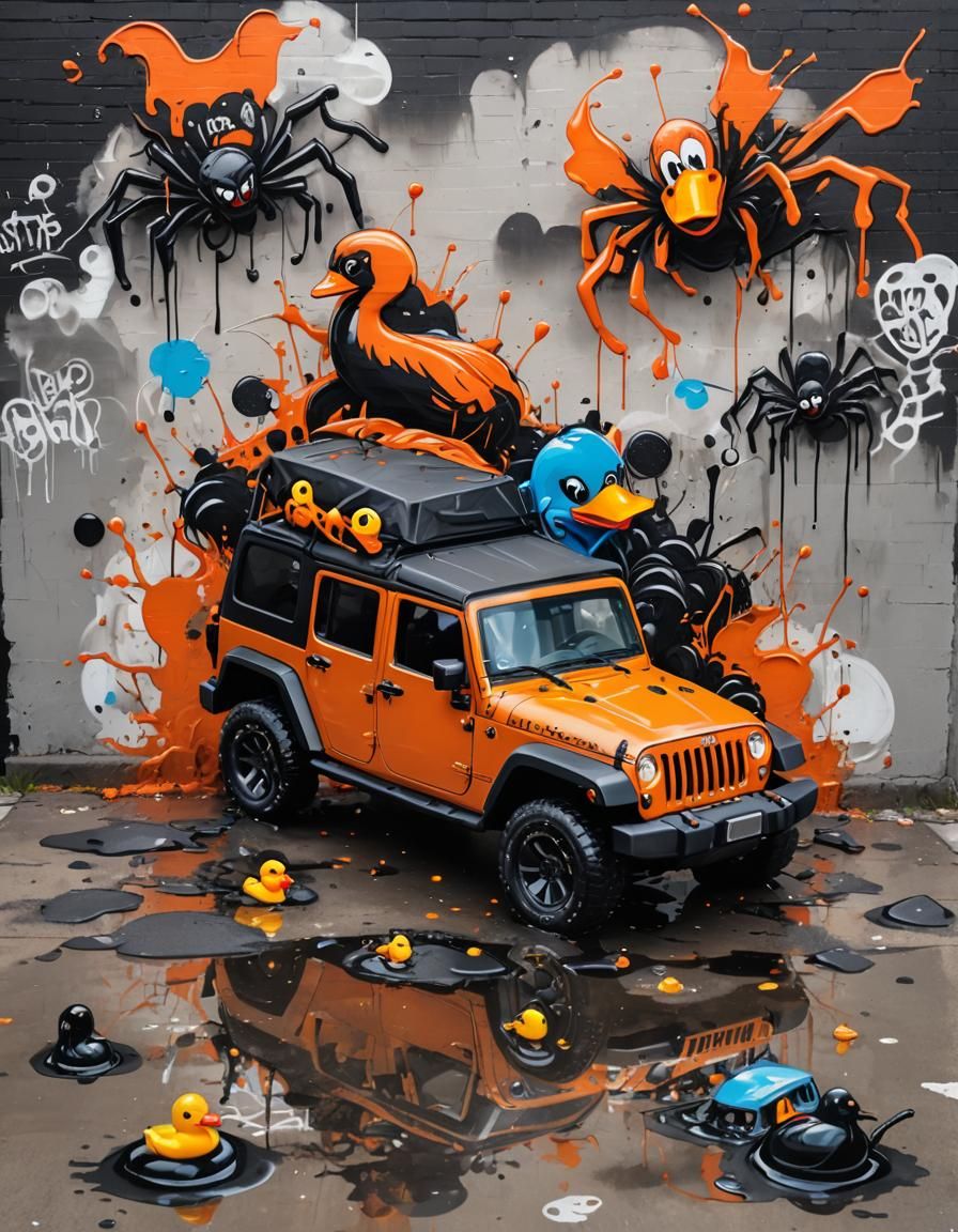 Orange Jeep Wrangler with Rubber Duck in Graffiti Art