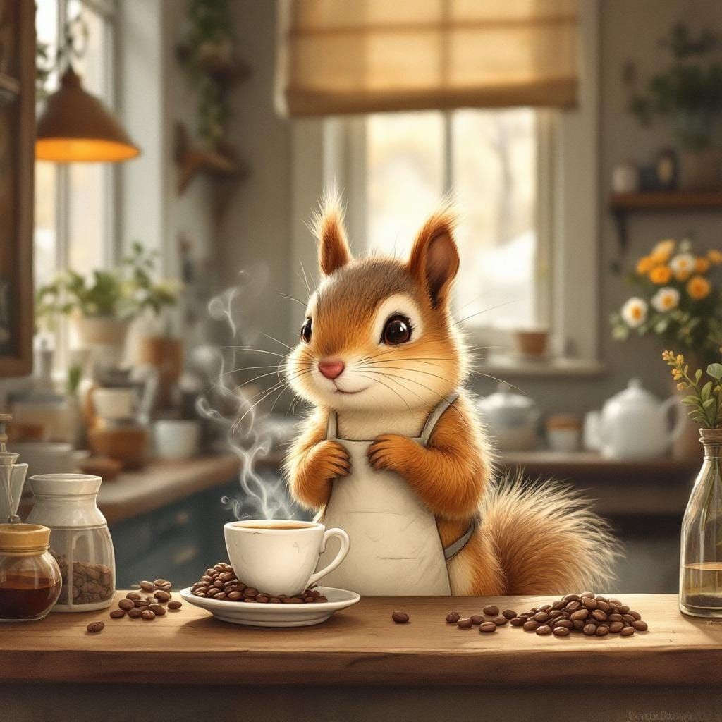 Squirrel Barista in Cozy Coffee Shop, Whimsical Illustration