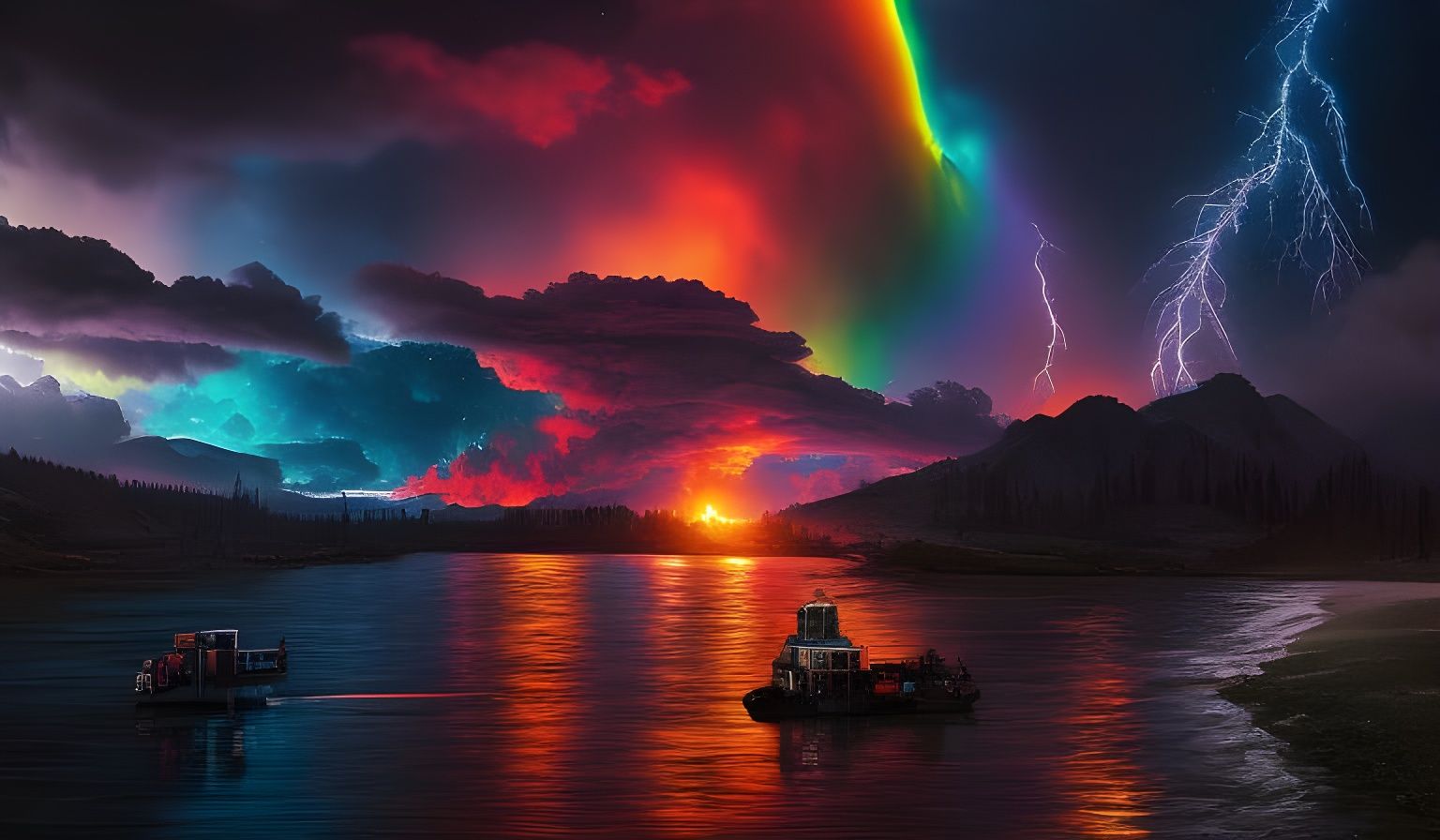 Rainbow Storm Over Cyberpunk City Ruins