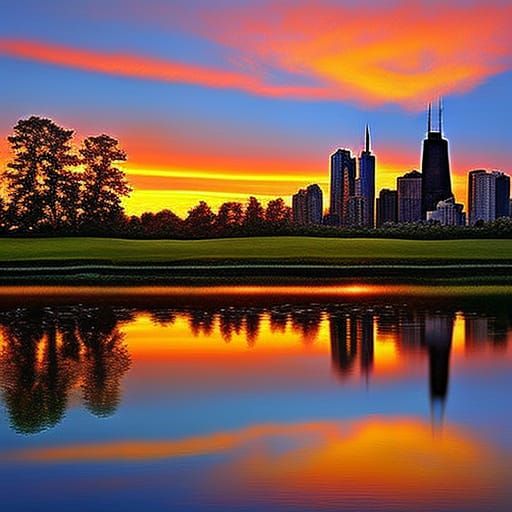 Chicago Skyline Sunset: Hyperrealistic Warm-Toned Cityscape