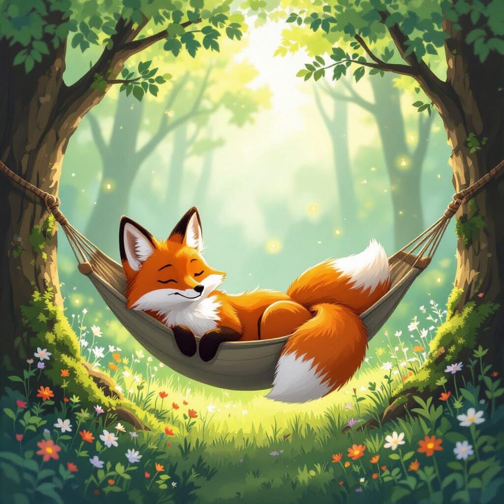 Fox Lounging in Hammock: Dreamlike Ghibli Fantasy