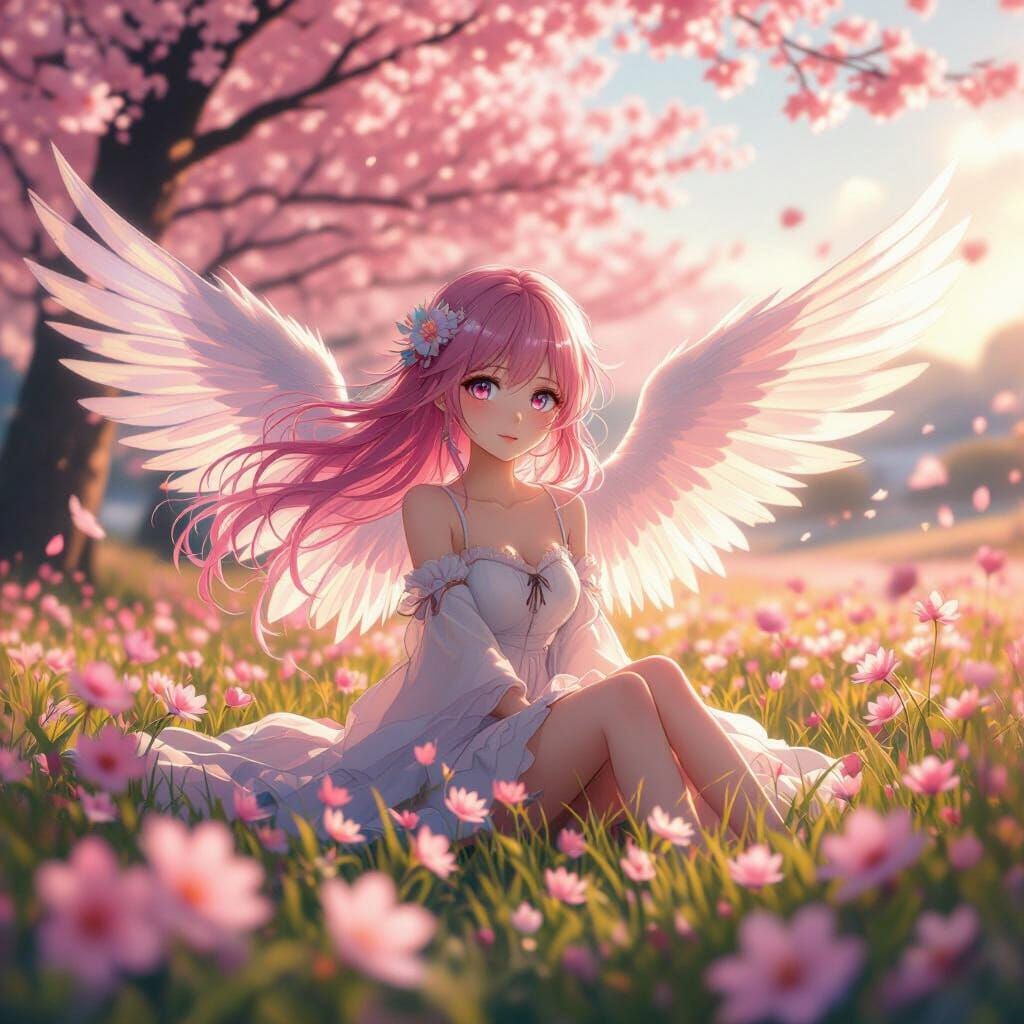 Anime Girl with Pink Hair and Celestial Wings in Blossom Fie...