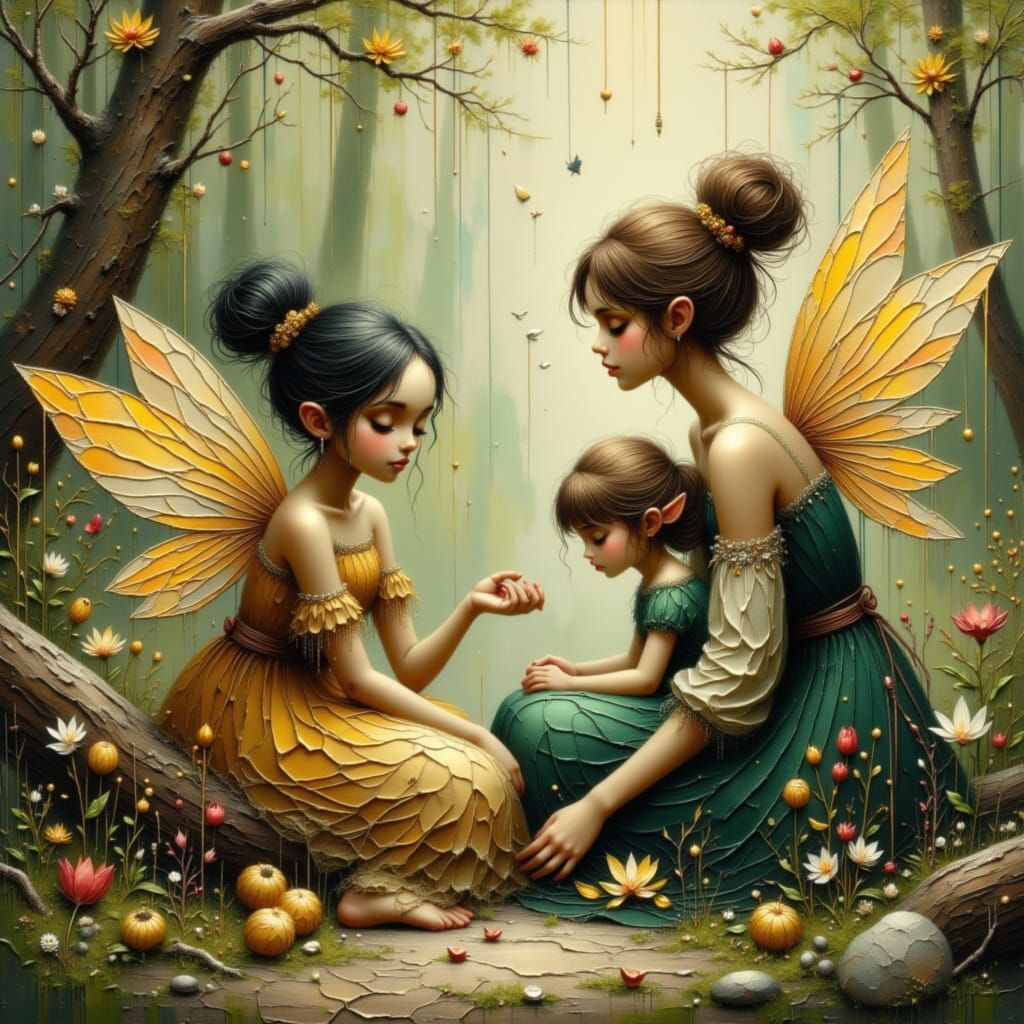 Generations of Fairies in Sun-Dappled Woodland Clearing