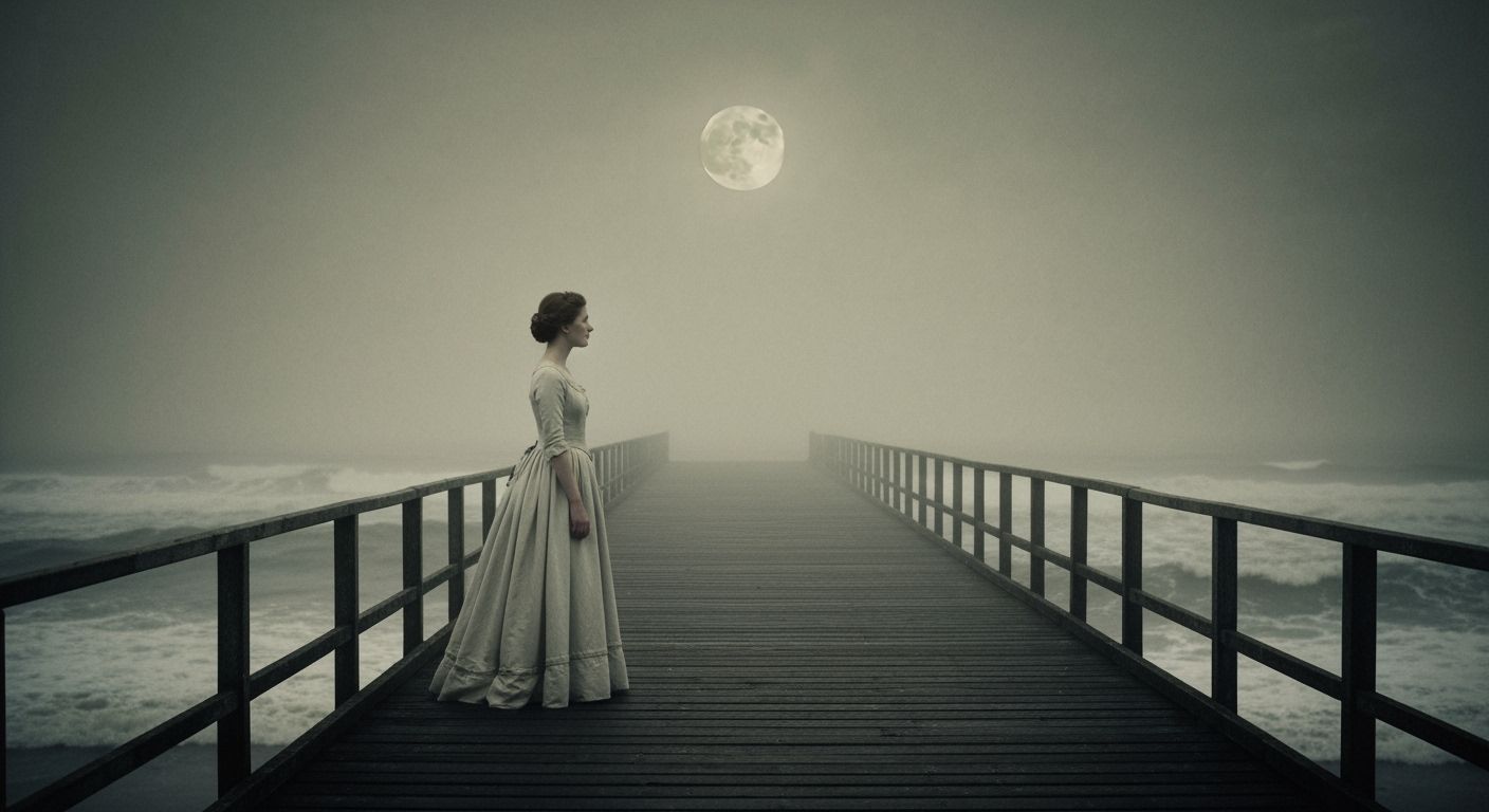 Solitary Woman on Foggy Pier at Moonlit Sea