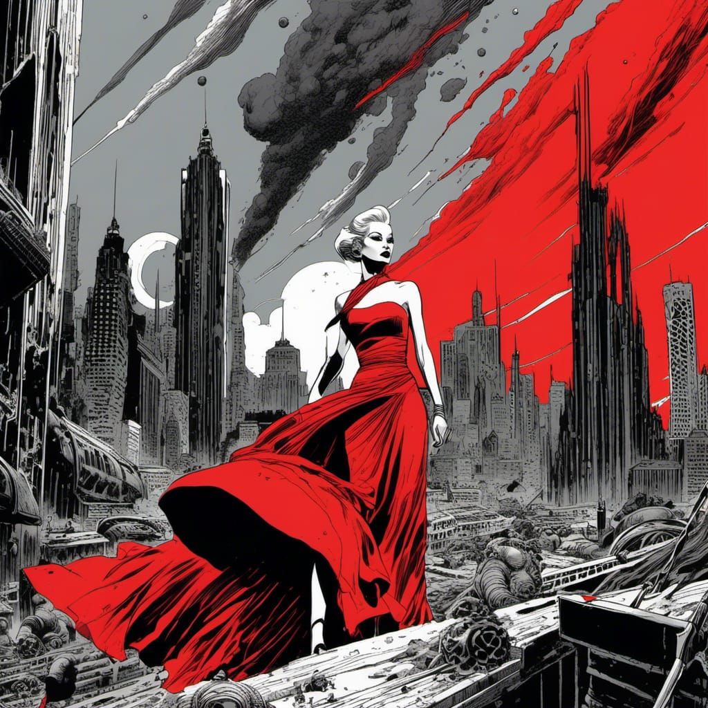 Striking Woman in Red Dress, Sin City Comic Style