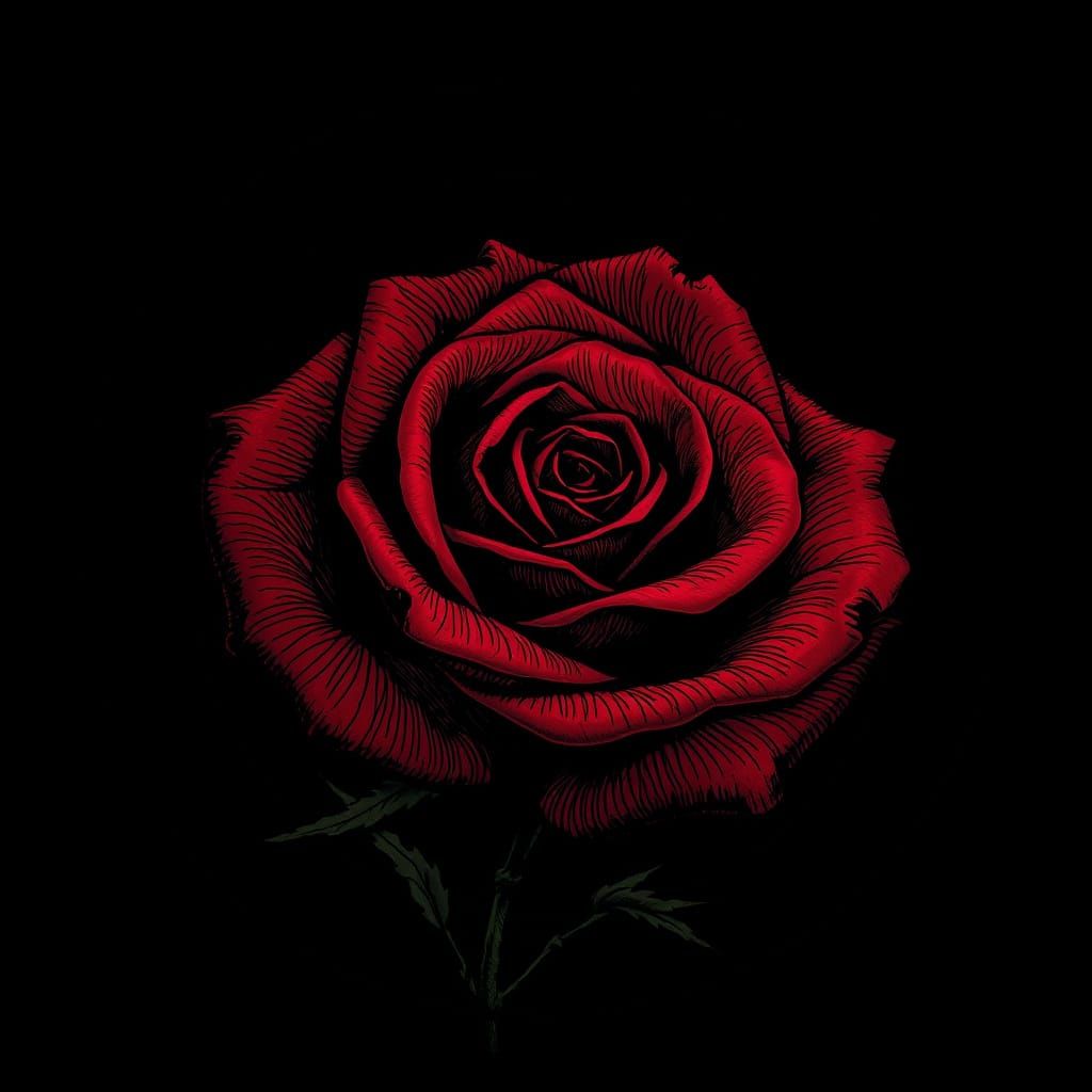 Crimson Rose Line Art Botanical Illustration