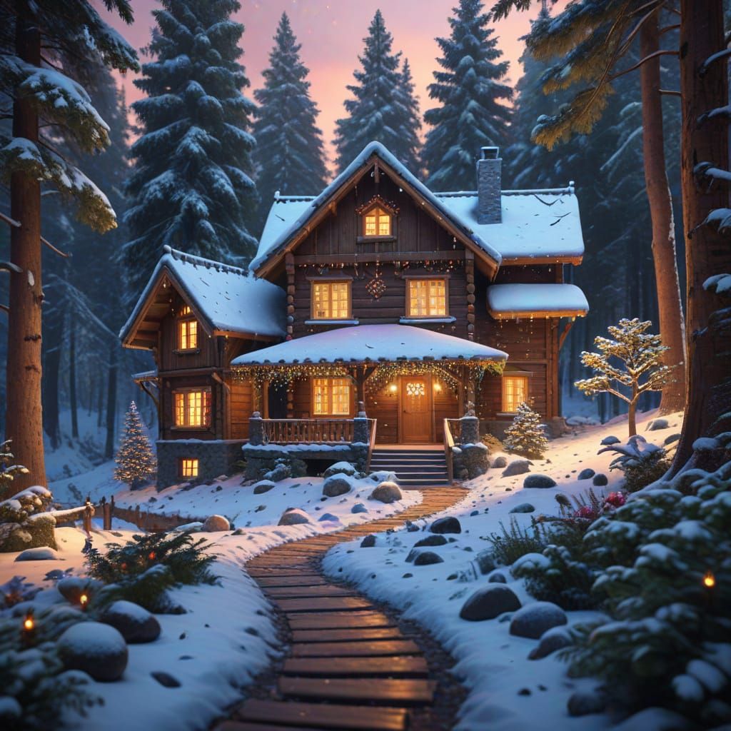 Whimsical Wooden House in Winter Wonderland