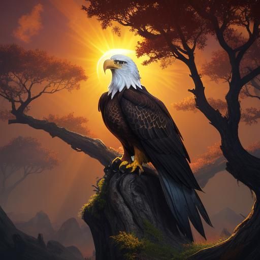 Majestic Eagle Perched on Fiery Tree at Sunset