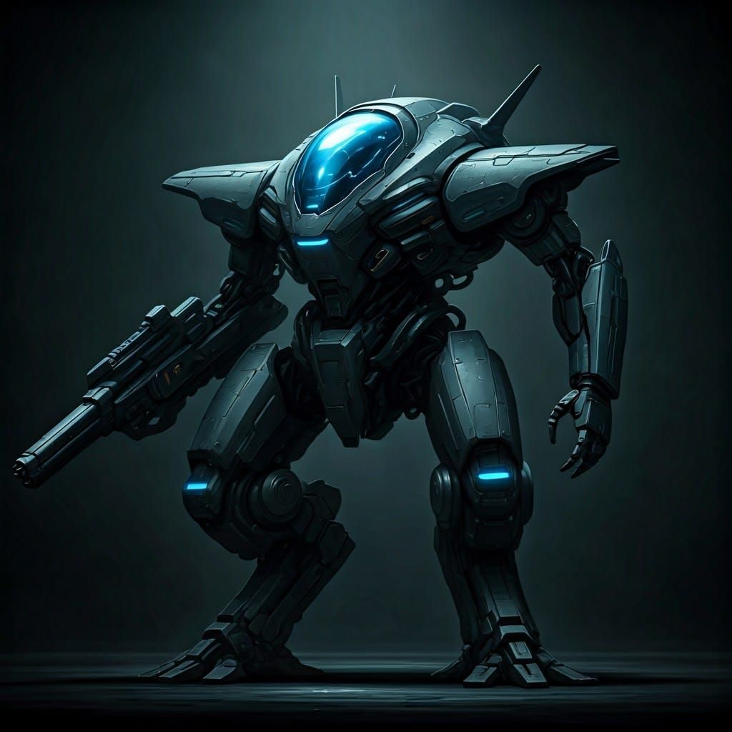 Sleek Mech in Dark Sci-Fi Environment