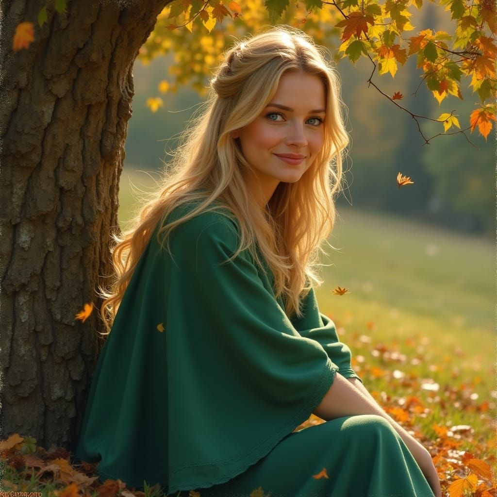 Autumn Woman in Emerald Dress by Sunlit Tree