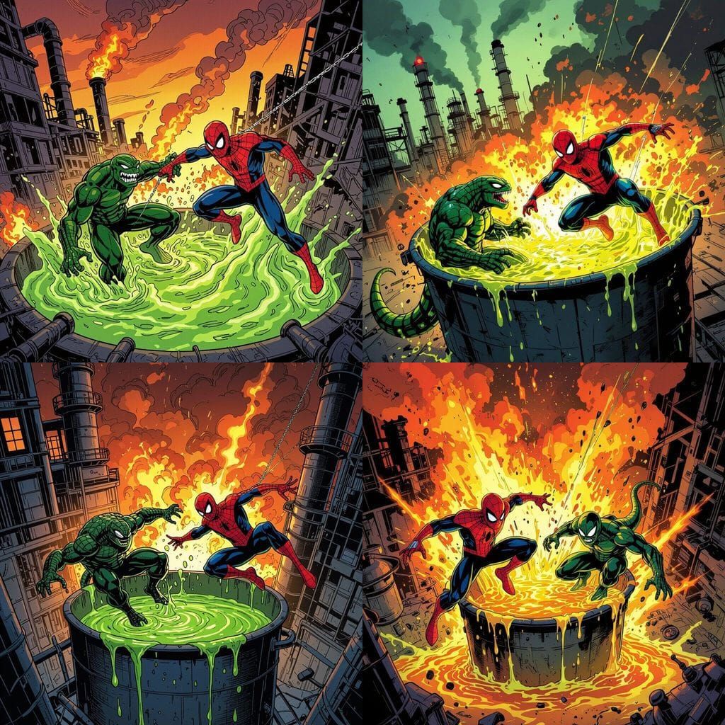 Spiderman and Lizard Fall into Acid as Factory Explodes