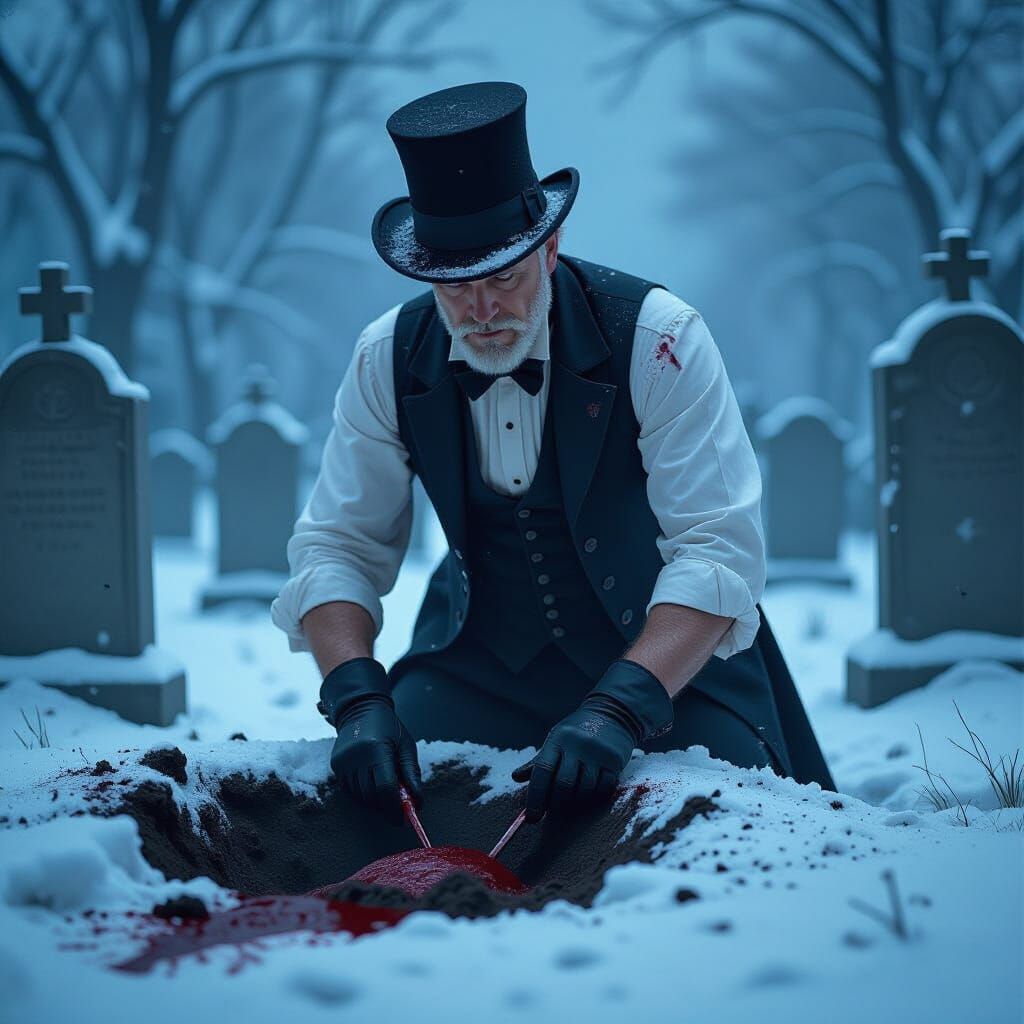 Victorian Gravedigger in Snowy Cemetery, Dark Art