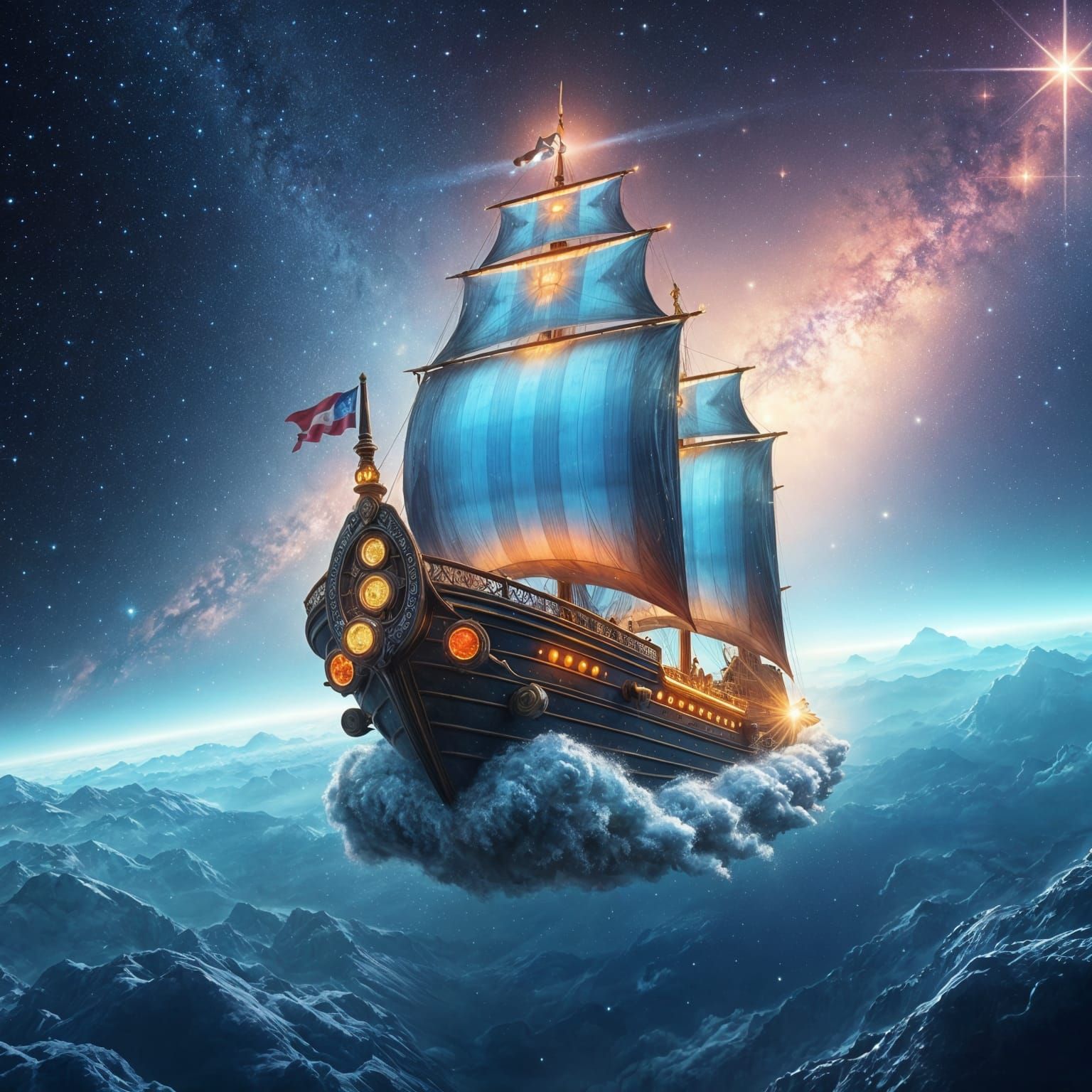 Celestial Ship Glides Through Cosmos with Glittering Sails