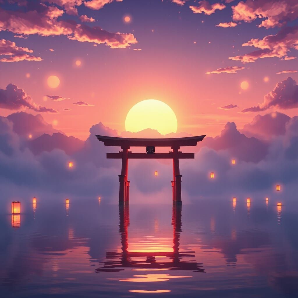Mystical Torii Gate in Ethereal Twilight Mist