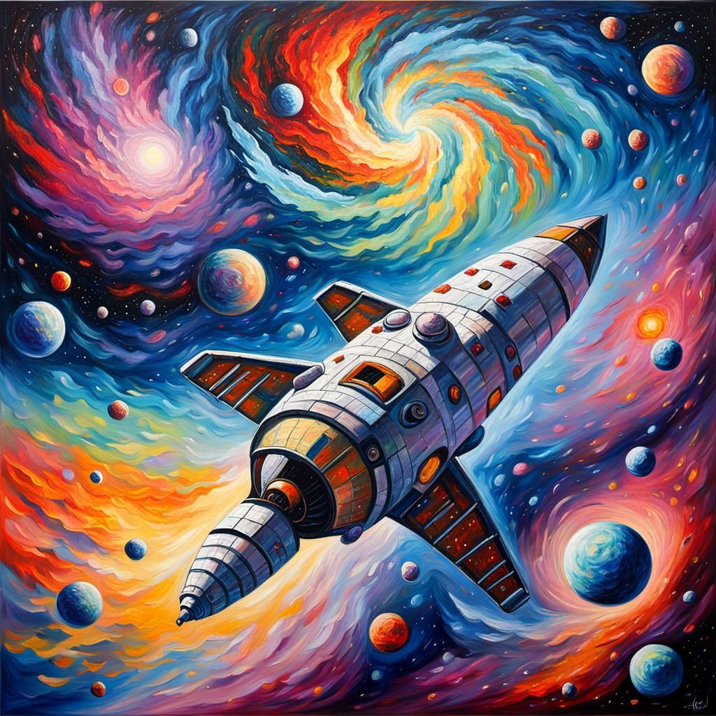 Starship Amidst Galaxy in Neo-Impressionistic Style